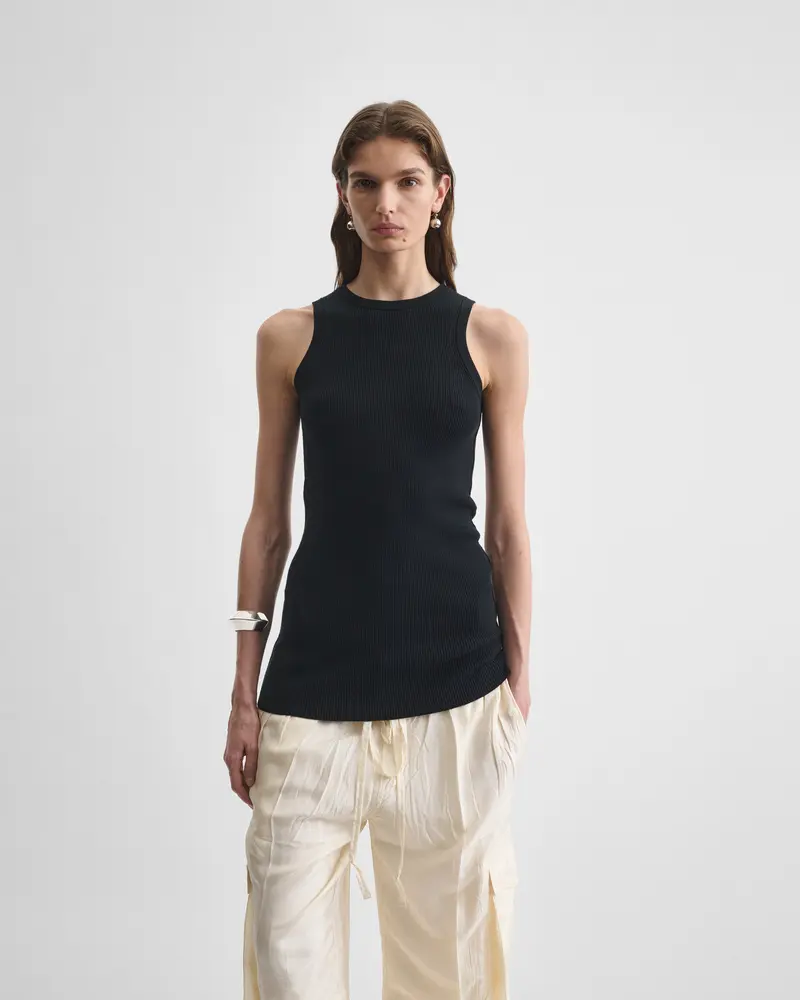 Slim-Fit Ribbed Tank In Black Merino Wool