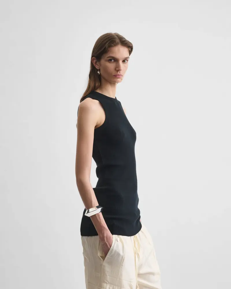 Slim-Fit Ribbed Tank In Black Merino Wool