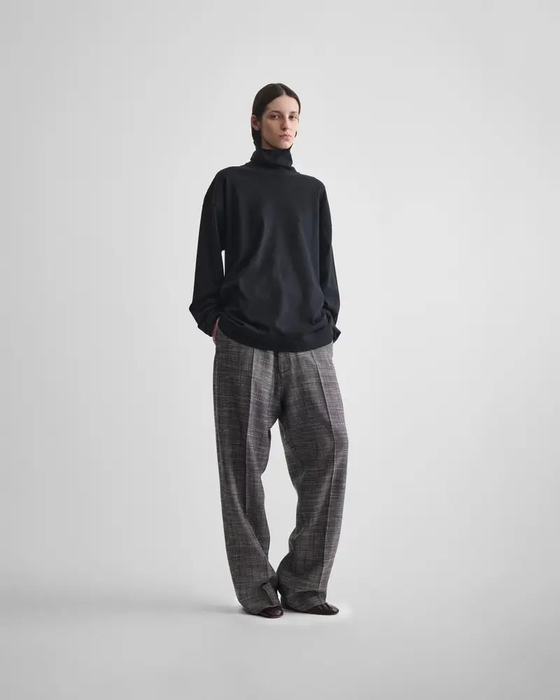 Slim-Tailored Blue-Grey Silk-Linen Trousers With Wide Leg