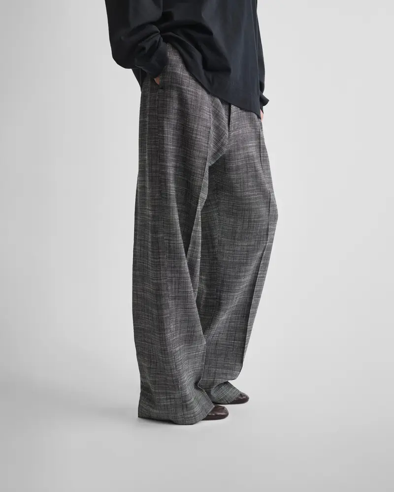 Slim-Tailored Blue-Grey Silk-Linen Trousers With Wide Leg
