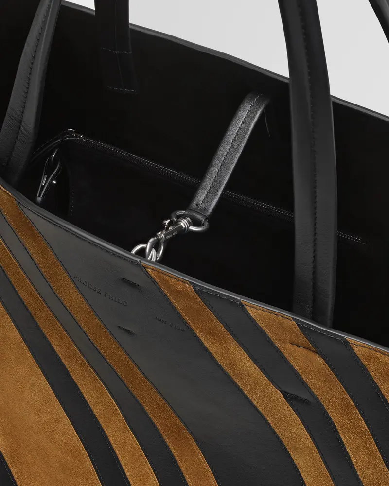 Slouchy Basket Cabas Tote | Black Leather & Toffee Suede With Silver Hardware