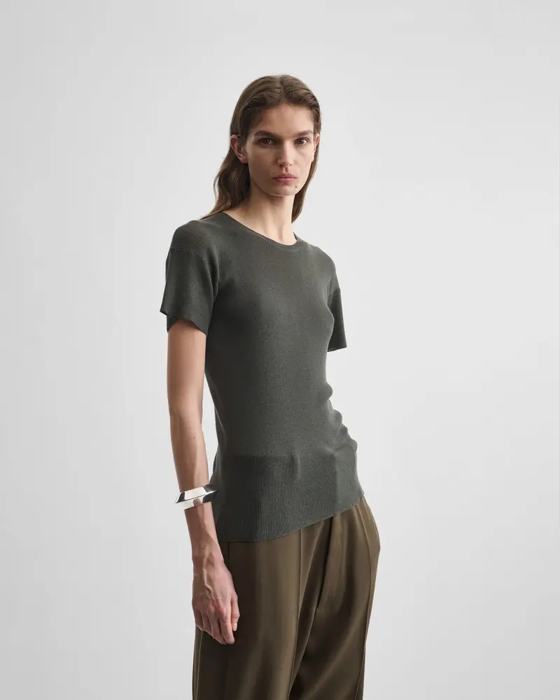 Sludge Cotton-Silk Ribbed T-Shirt With Relaxed Fit