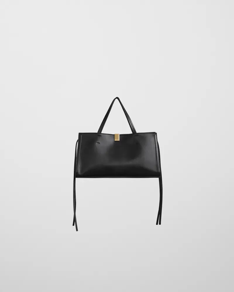 Small Kit Cabas Purse | Black Calf Leather With Gold-Tone Badge Lock