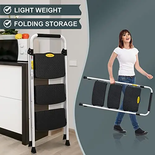 SocTone 3-Step Folding Step Stool – Ergonomic Handle, Ultra-Lightweight Design, and Space-Saving Storage for Home or Office