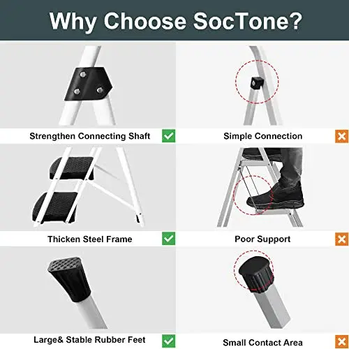 SocTone 3-Step Folding Step Stool – Ergonomic Handle, Ultra-Lightweight Design, and Space-Saving Storage for Home or Office
