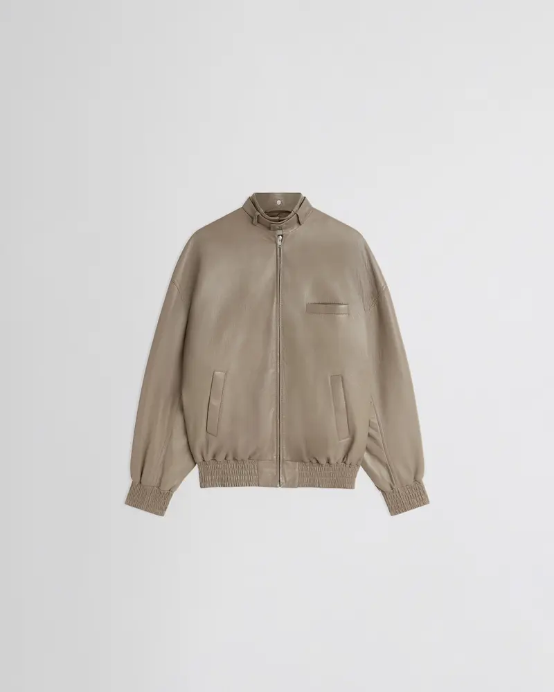 Softened Mastic Leather Bomber Jacket With Detachable Scarf