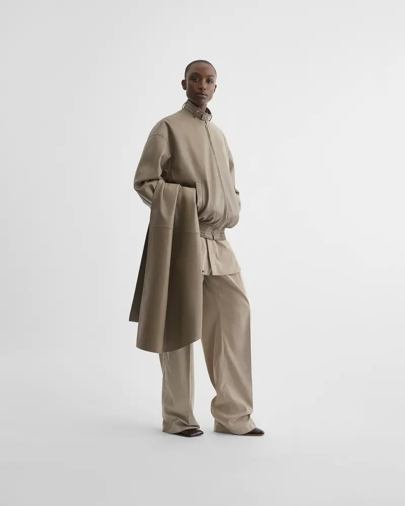 Softened Mastic Leather Bomber Jacket With Detachable Scarf