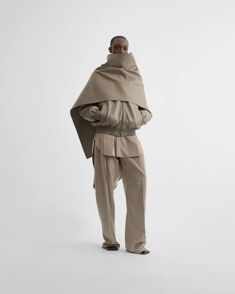 Softened Mastic Leather Bomber Jacket With Detachable Scarf