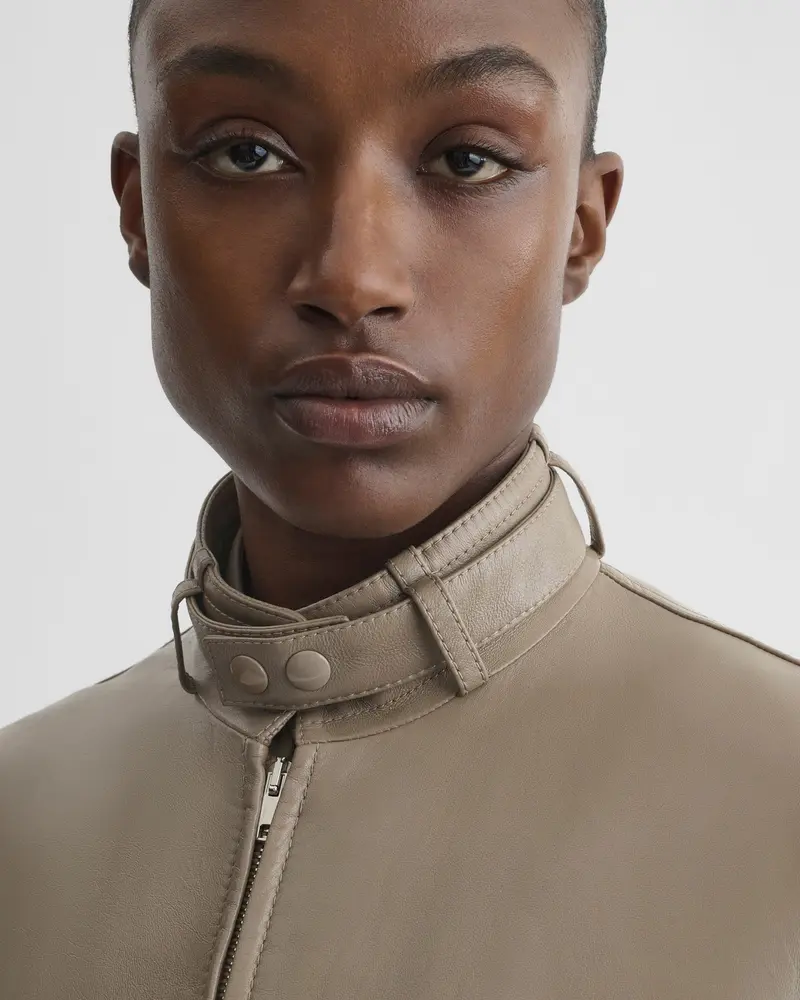 Softened Mastic Leather Bomber Jacket With Detachable Scarf
