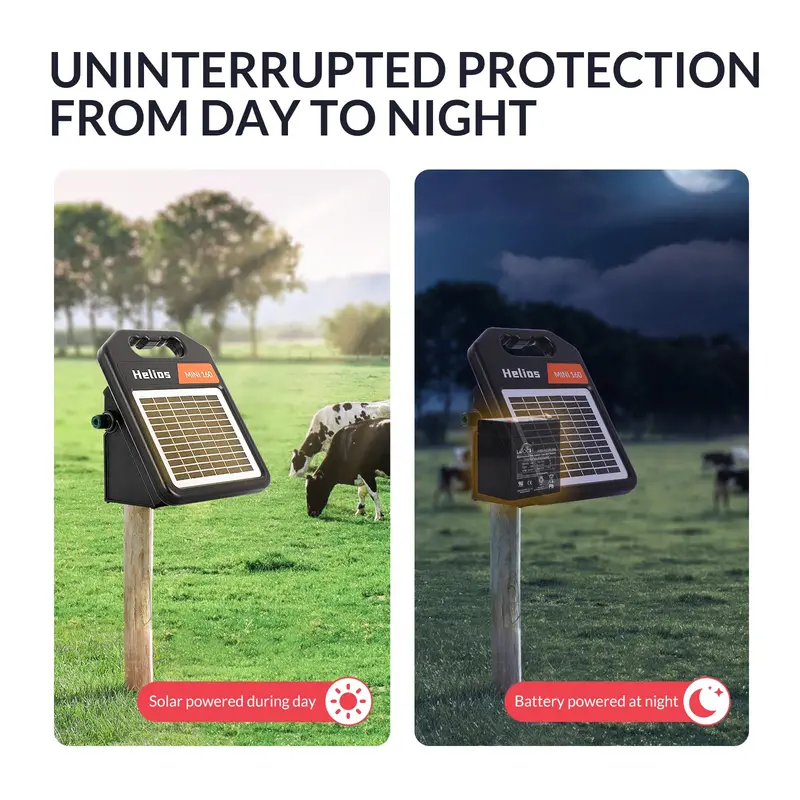 Solar-Powered Electric Fence Charger – 10-Mile Range, 0.16 Joule Output with Auto Day/Night Mode