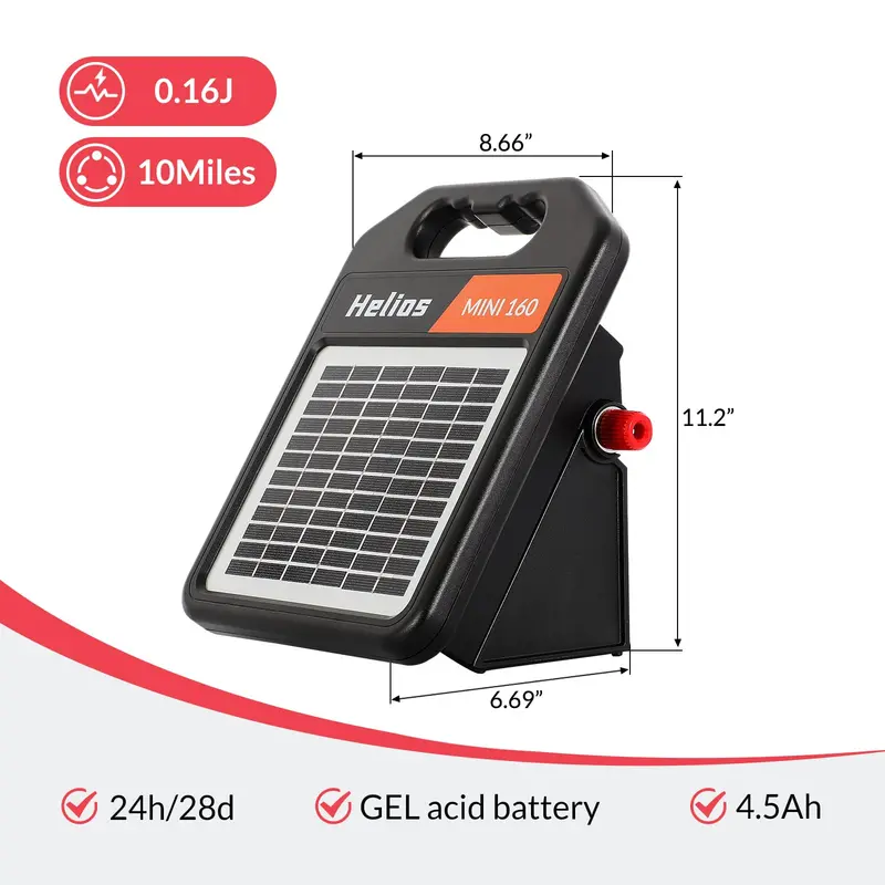 Solar-Powered Electric Fence Charger – 10-Mile Range, 0.16 Joule Output with Auto Day/Night Mode
