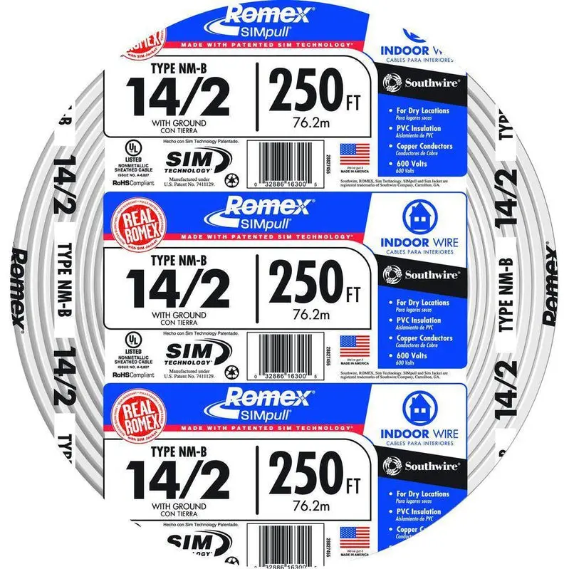 Southwire 250-Foot 14/2 NM-B Romex Wire Roll – Solid Copper with SIMpull Technology for Effortless Pulling