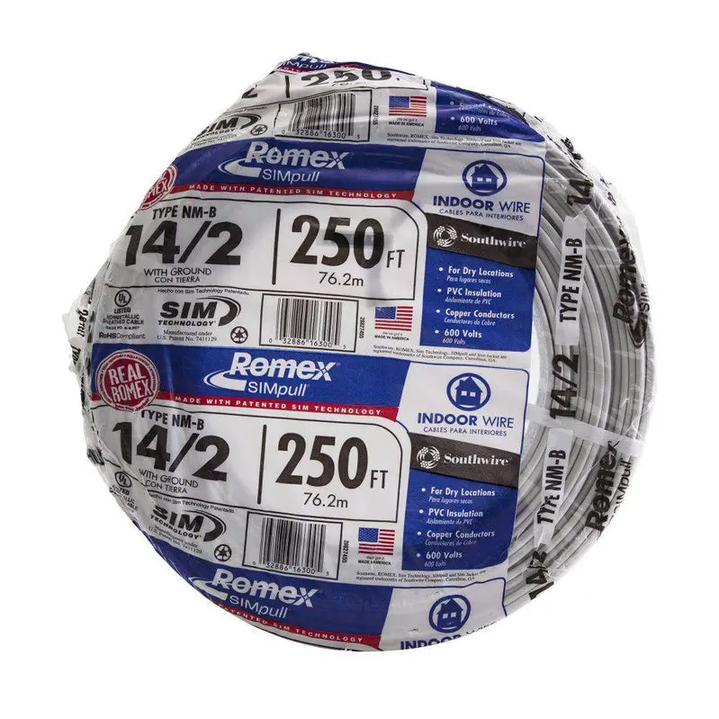 Southwire 250-Foot 14/2 NM-B Romex Wire Roll – Solid Copper with SIMpull Technology for Effortless Pulling