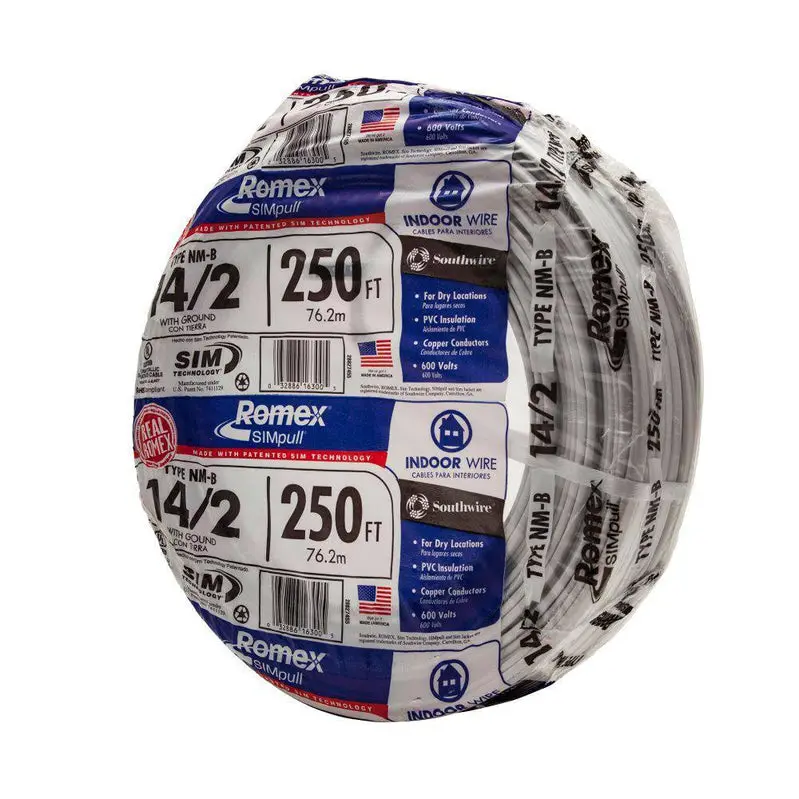 Southwire 250-Foot 14/2 NM-B Romex Wire Roll – Solid Copper with SIMpull Technology for Effortless Pulling