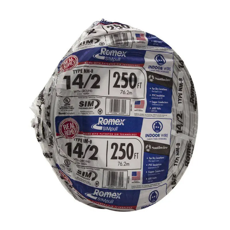 Southwire 250-Foot 14/2 NM-B Romex Wire Roll – Solid Copper with SIMpull Technology for Effortless Pulling
