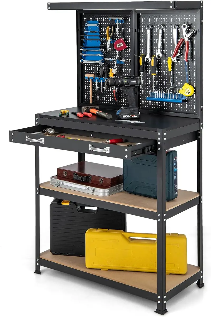 Space-Saving 32" x 16" Workshop Bench Featuring Pegboard Wall System, Dual Storage Shelves, and Durable Work Surface