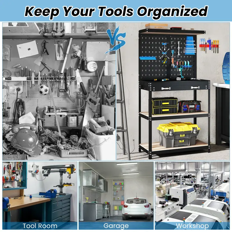 Space-Saving 32" x 16" Workshop Bench Featuring Pegboard Wall System, Dual Storage Shelves, and Durable Work Surface