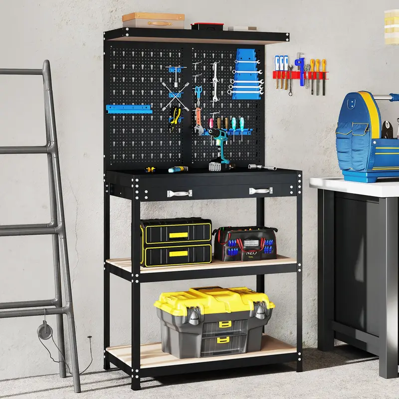 Space-Saving 32" x 16" Workshop Bench Featuring Pegboard Wall System, Dual Storage Shelves, and Durable Work Surface 2