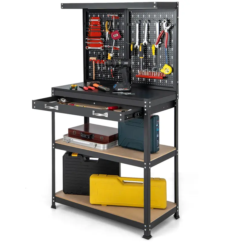 Space-Saving 32" x 16" Workshop Bench Featuring Pegboard Wall System, Dual Storage Shelves, and Durable Work Surface