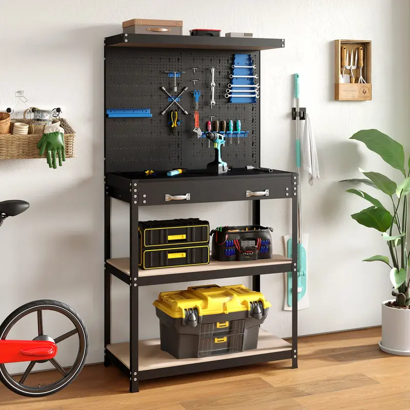 Space-Saving 32" x 16" Workshop Bench Featuring Pegboard Wall System, Dual Storage Shelves, and Durable Work Surface