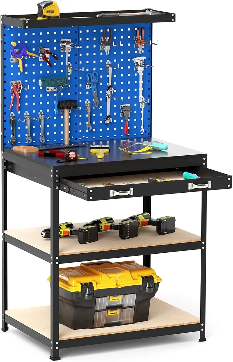Space-Saving 32" x 16" Workshop Bench Featuring Pegboard Wall System, Dual Storage Shelves, and Durable Work Surface