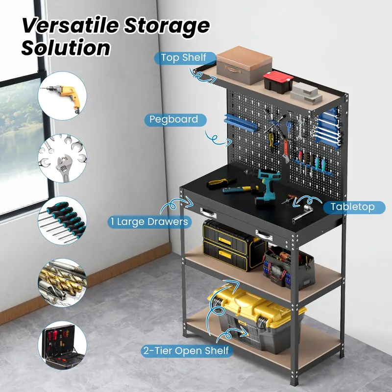 Space-Saving 32" x 16" Workshop Bench Featuring Pegboard Wall System, Dual Storage Shelves, and Durable Work Surface