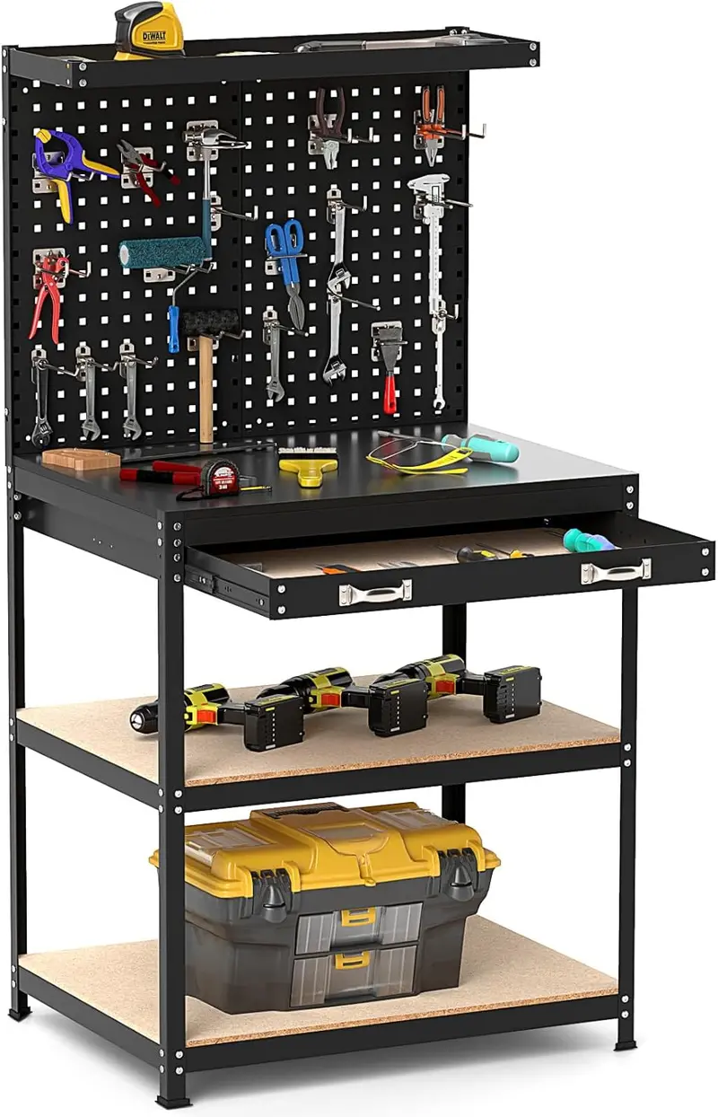 Space-Saving 32" x 16" Workshop Bench Featuring Pegboard Wall System, Dual Storage Shelves, and Durable Work Surface