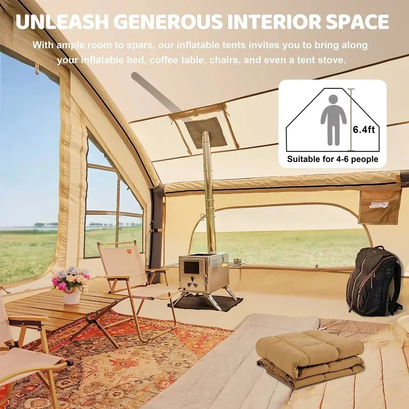 Spacious 6-Person Inflatable Glamping Tent – 10' x 7', All-Weather Waterproof & Wind-Resistant