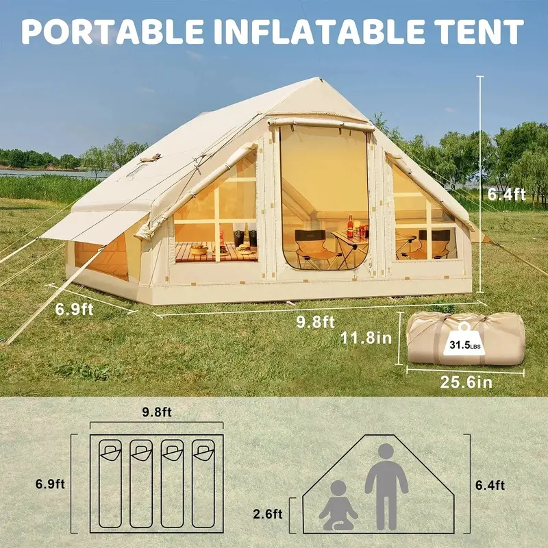 Spacious 6-Person Inflatable Glamping Tent – 10' x 7', All-Weather Waterproof & Wind-Resistant