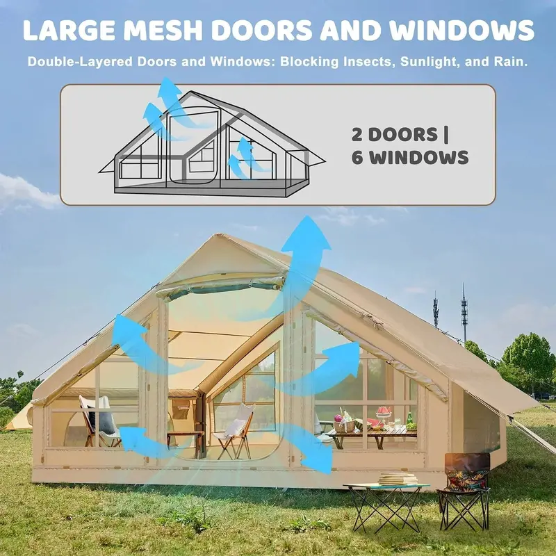 Spacious 6-Person Inflatable Glamping Tent – 10' x 7', All-Weather Waterproof & Wind-Resistant