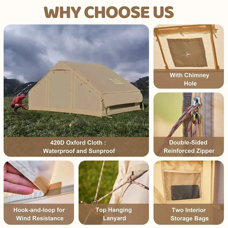 Spacious 6-Person Inflatable Glamping Tent – 10' x 7', All-Weather Waterproof & Wind-Resistant