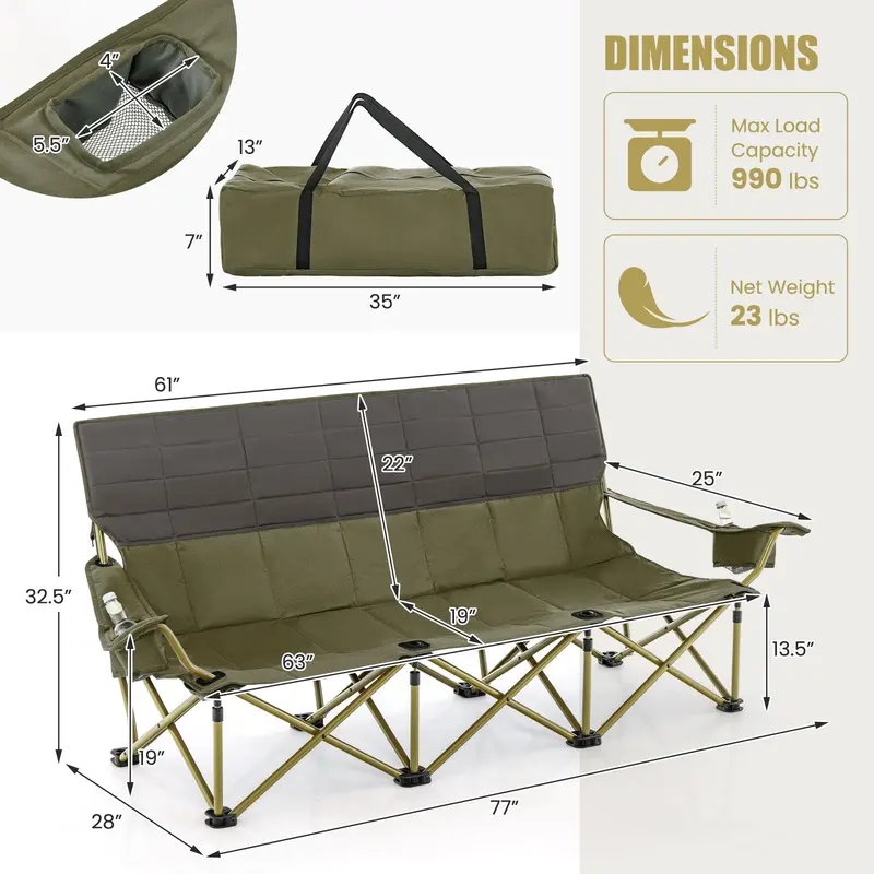 Spacious Three-Person Folding Camping Lounger — Extra-Wide Outdoor Seating Solution
