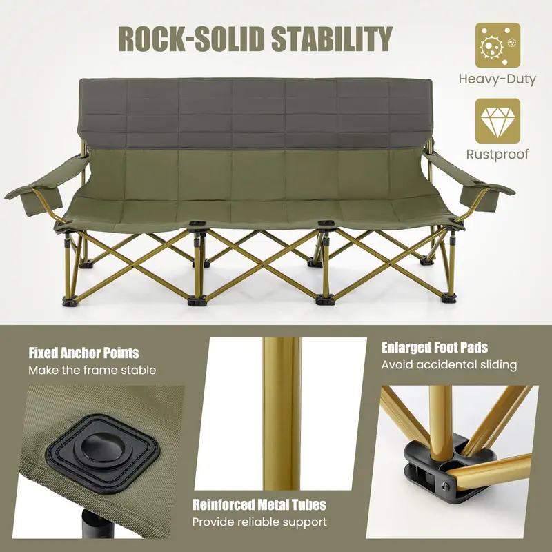 Spacious Three-Person Folding Camping Lounger — Extra-Wide Outdoor Seating Solution