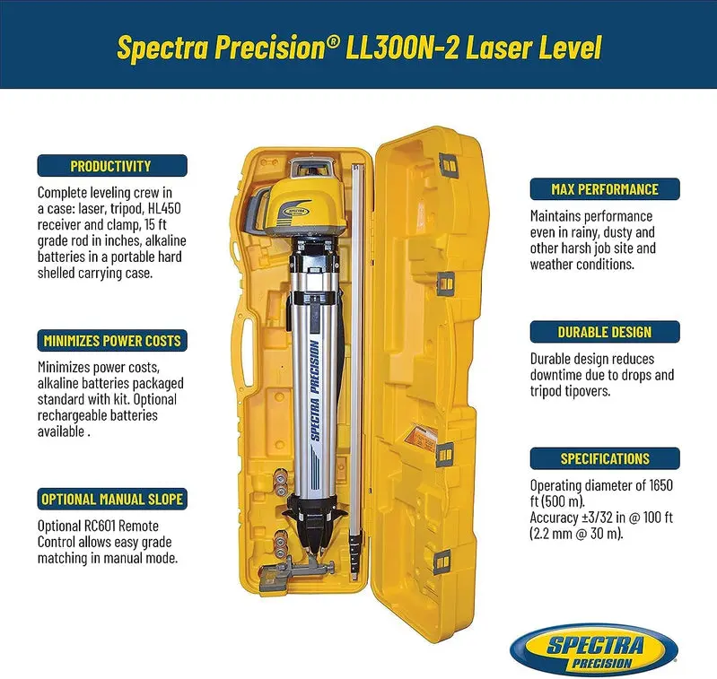 Spectra LL300N-2 Laser Level Kit – Includes HL450 Detector & Lightweight Aluminum Tripod