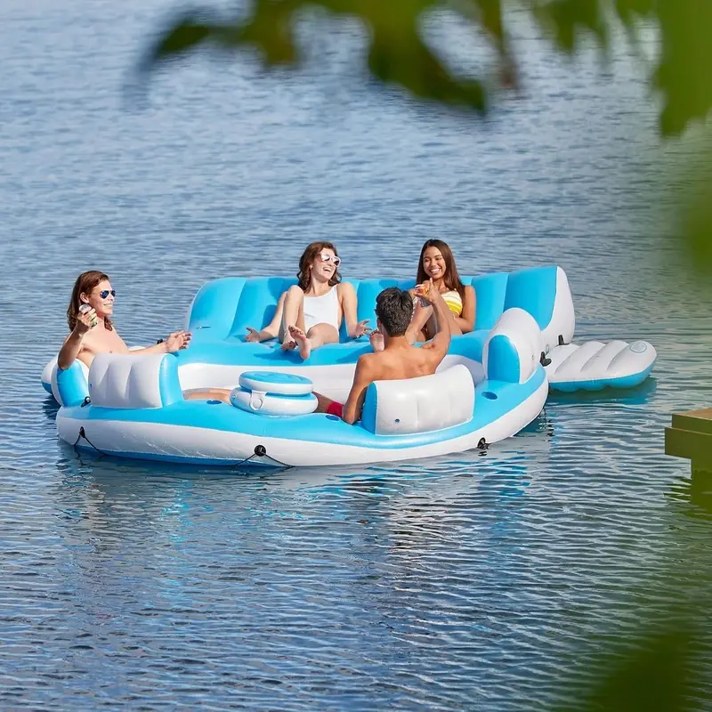 Splash N Chill Inflatable Pool Lounger Island – Blue/White, 145" x 125", Supports 7 Adults