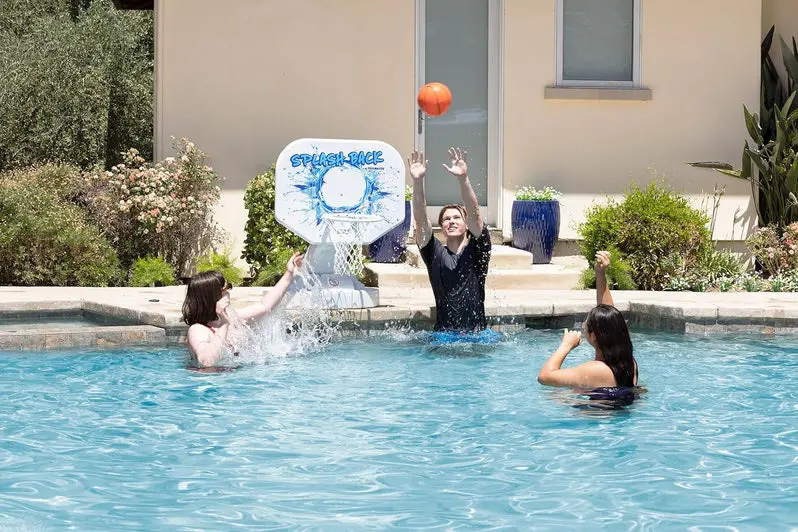 Splashback Poolside Basketball Hoop – Compact Blue Game System (34"W x 38"D x 45"H) for Backyard Recreation