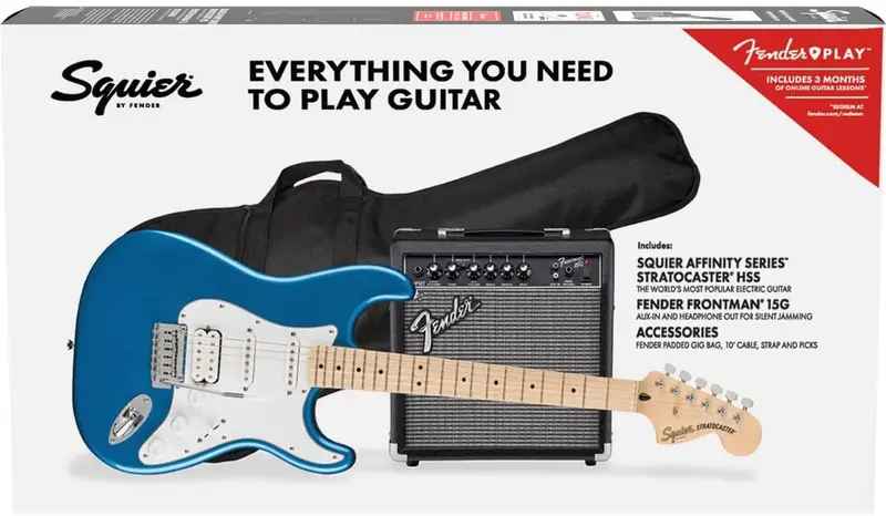 Squier Affinity Stratocaster HSS Guitar Bundle – Maple Fingerboard, Lake Placid Blue Finish 2