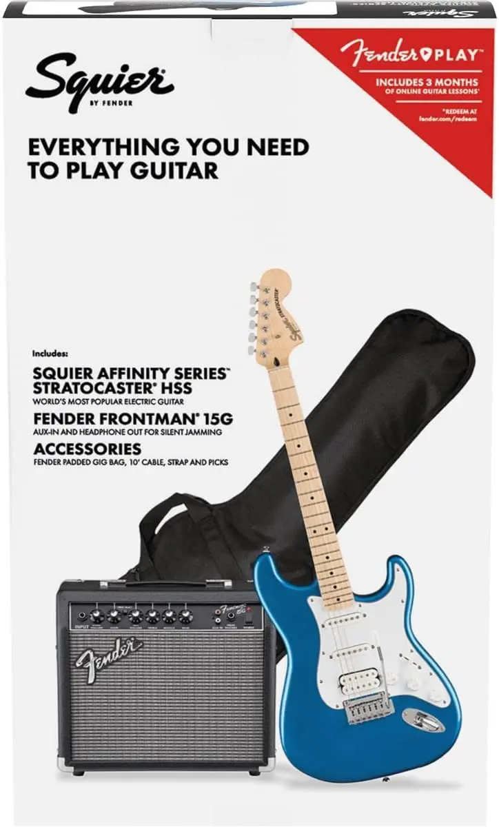 Squier Affinity Stratocaster HSS Guitar Bundle – Maple Fingerboard, Lake Placid Blue Finish 2