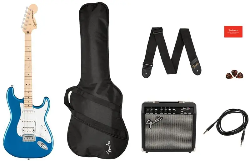 Squier Affinity Stratocaster HSS Guitar Bundle – Maple Fingerboard, Lake Placid Blue Finish