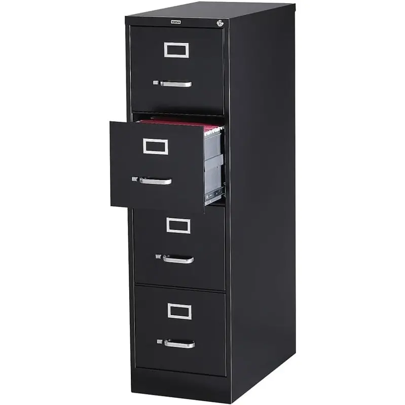 STAPLES Lockable 4-Drawer File Cabinet – Black, 25" Depth × 15" Width for Secure Document Storage
