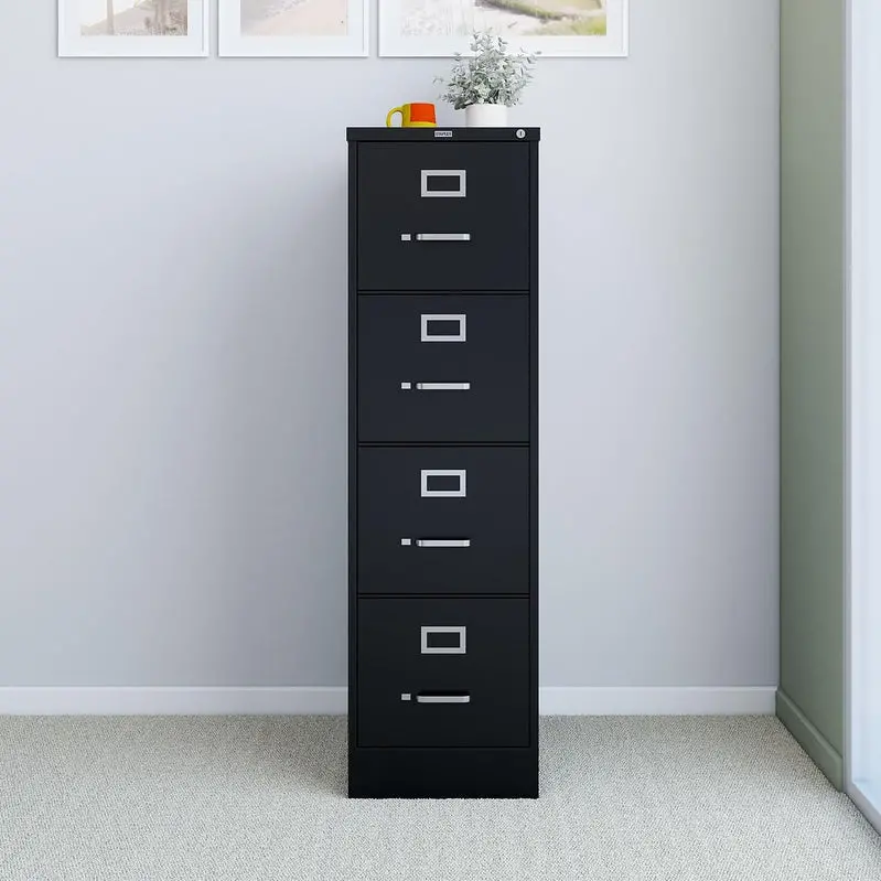 STAPLES Lockable 4-Drawer File Cabinet – Black, 25" Depth × 15" Width for Secure Document Storage
