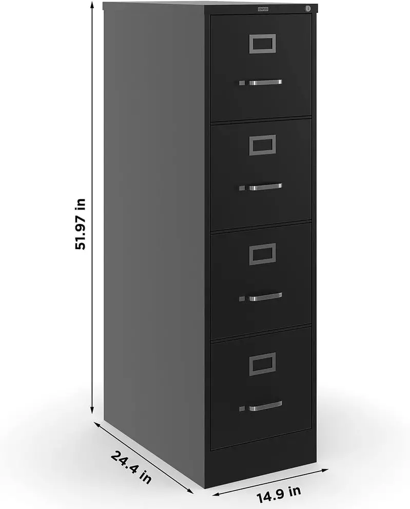 STAPLES Lockable 4-Drawer File Cabinet – Black, 25" Depth × 15" Width for Secure Document Storage