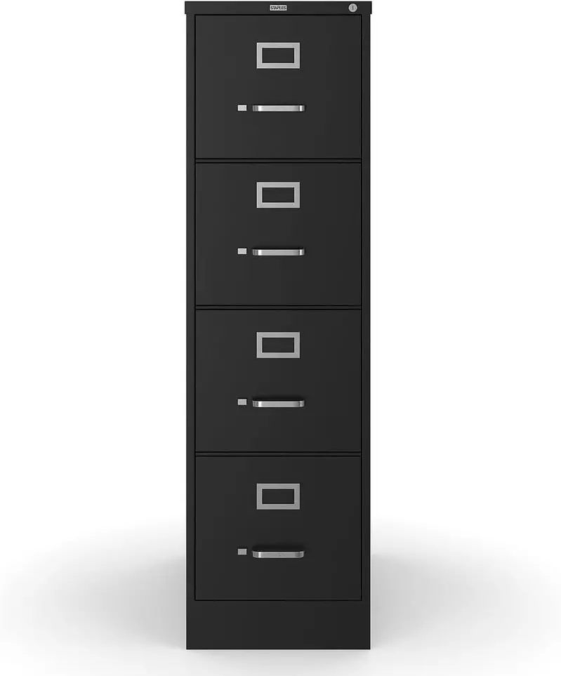 STAPLES Lockable 4-Drawer File Cabinet – Black, 25" Depth × 15" Width for Secure Document Storage