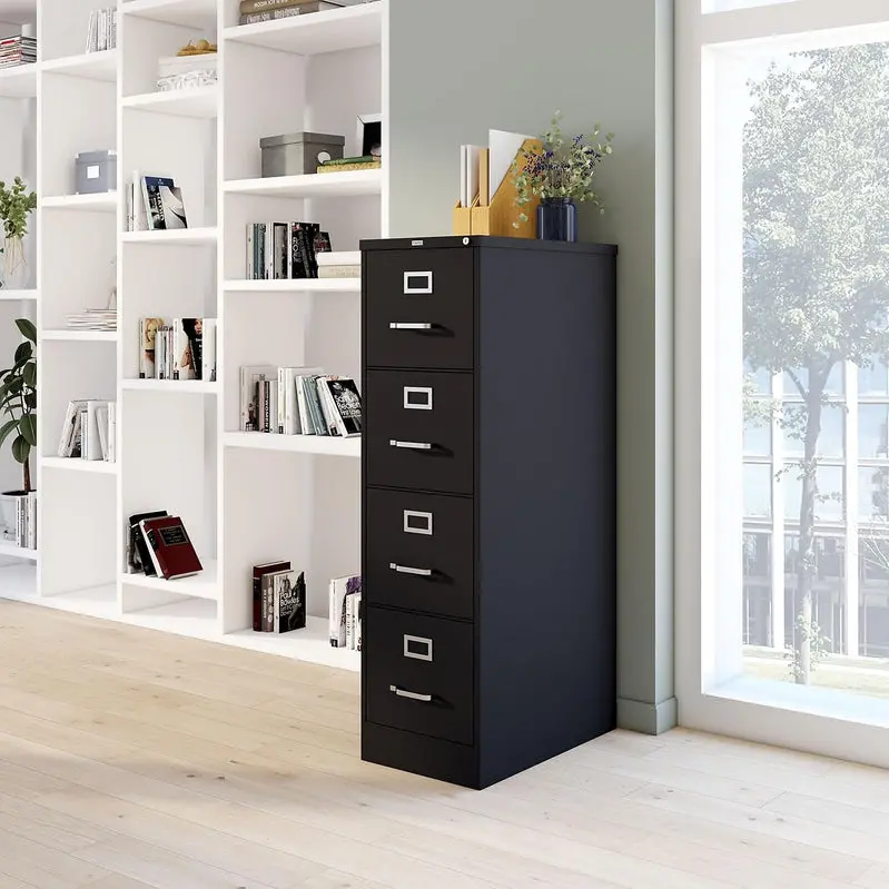 STAPLES Lockable 4-Drawer File Cabinet – Black, 25" Depth × 15" Width for Secure Document Storage