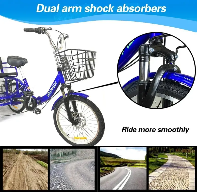 Star Strip Blue Folding Adult Tricycle – 20-Inch 7-Speed Three-Wheeler Featuring Enhanced Stability and Space-Saving Fold Mechanism