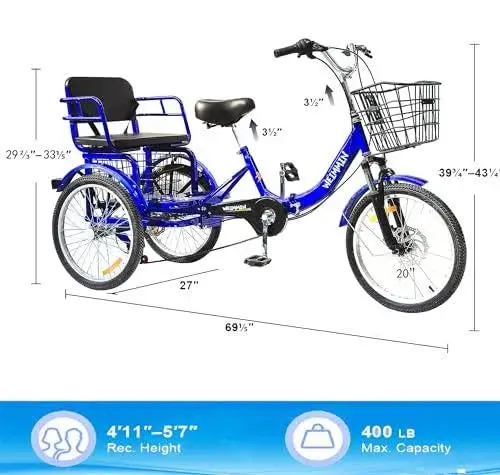 Star Strip Blue Folding Adult Tricycle – 20-Inch 7-Speed Three-Wheeler Featuring Enhanced Stability and Space-Saving Fold Mechanism 5