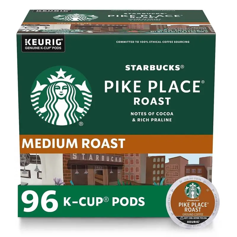 Starbucks Pike Place Roast K-Cup Pods – Medium Roast Arabica Coffee, 96-Count, Keurig-Compatible Single-Serve Capsules