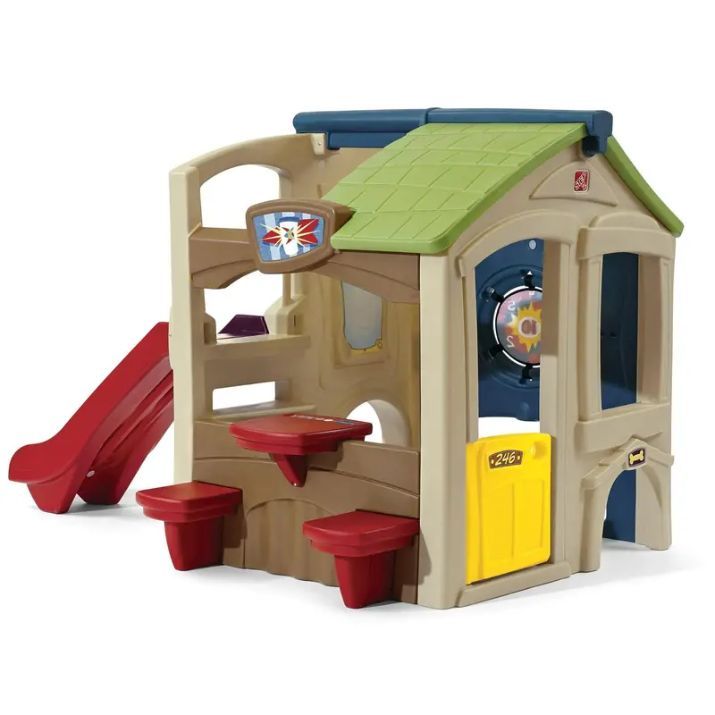 Step2 Neighborhood Fun Center – Outdoor Playhouse with Slide, Brown Finish, Designed for Active Kids’ Imaginative Play