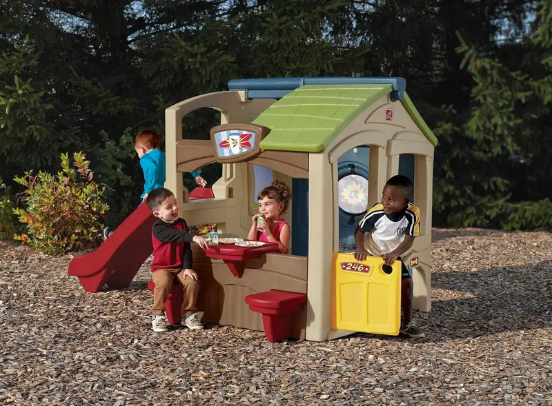 Step2 Neighborhood Fun Center – Outdoor Playhouse with Slide, Brown Finish, Designed for Active Kids’ Imaginative Play