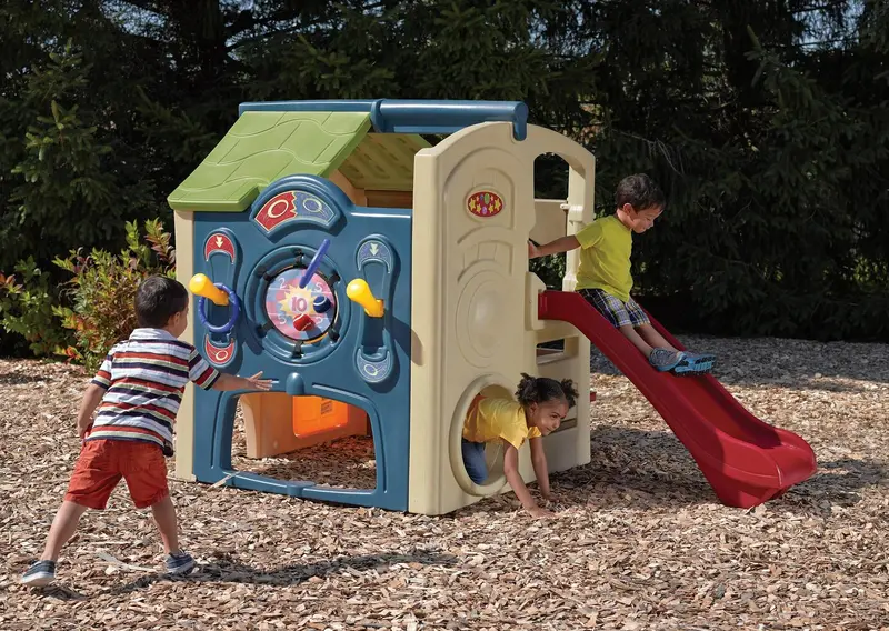 Step2 Neighborhood Fun Center – Outdoor Playhouse with Slide, Brown Finish, Designed for Active Kids’ Imaginative Play